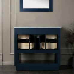 WOODBRIDGE Venice 36"x21"x33" Solid Wood Bath Vanities Side Cabinet In Navy Blue With Gold Trim And Engineered Stone Composite Vanity Top In Fish Belly White With 3 Pre-Drilled Holes For 8-inch Widespread Faucet. -Woodbridgebath Shop 61791011ada57 thumb 600x600