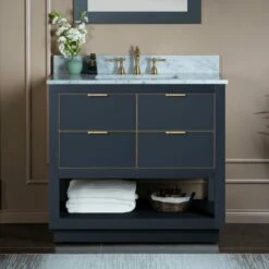 WOODBRIDGE Venice 36"x21"x33" Solid Wood Bath Vanities Side Cabinet In Grey And Gold Trim And Carrara Marble Vanity Top Cabinet With 3 Pre-Drilled Holes For 8-inch Widespread Faucet.