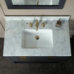WOODBRIDGE Venice 36"x21"x33" Solid Wood Bath Vanities Side Cabinet In Grey And Gold Trim And Carrara Marble Vanity Top Cabinet With 3 Pre-Drilled Holes For 8-inch Widespread Faucet. -Woodbridgebath Shop 617917e8a4586 thumb 600x600
