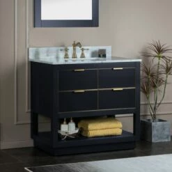 WOODBRIDGE Venice 36"x21"x33" Solid Wood Bath Vanities Side Cabinet In Grey And Gold Trim And Carrara Marble Vanity Top Cabinet With 3 Pre-Drilled Holes For 8-inch Widespread Faucet. -Woodbridgebath Shop 617917eb532fa thumb 600x600