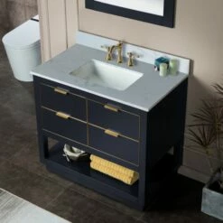 WOODBRIDGE Venice 36"x21"x33" Solid Wood Bath Vanities Side Cabinet In Grey With Gold Trim And Engineered Stone Composite Vanity Top In Carrara White 3 Pre-Drilled Holes For 8-inch Widespread Faucet. -Woodbridgebath Shop 61791b626534a thumb 600x600