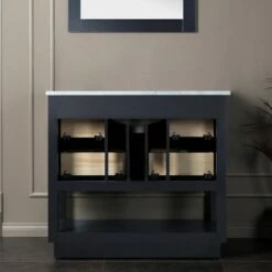 WOODBRIDGE Venice 36"x21"x33" Solid Wood Bath Vanities Side Cabinet In Grey With Gold Trim And Engineered Stone Composite Vanity Top In Carrara White 3 Pre-Drilled Holes For 8-inch Widespread Faucet. -Woodbridgebath Shop 61791b64d1ffa thumb 600x600