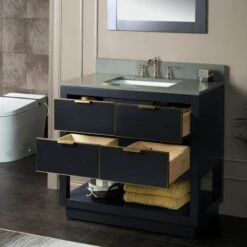WOODBRIDGE Venice 36"x21"x33" Solid Wood Bath Vanities Side Cabinet In Grey With Gold Trim And Engineered Stone Composite Vanity Top In Dark Gray With 3 Pre-Drilled Holes For 8-inch Widespread Faucet. -Woodbridgebath Shop 61791bc530def thumb 600x600