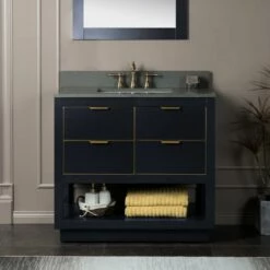 WOODBRIDGE Venice 36"x21"x33" Solid Wood Bath Vanities Side Cabinet In Grey With Gold Trim And Engineered Stone Composite Vanity Top In Dark Gray With 3 Pre-Drilled Holes For 8-inch Widespread Faucet.
