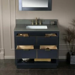WOODBRIDGE Venice 36"x21"x33" Solid Wood Bath Vanities Side Cabinet In Grey With Gold Trim And Engineered Stone Composite Vanity Top In Dark Gray With 3 Pre-Drilled Holes For 8-inch Widespread Faucet. -Woodbridgebath Shop 61791bc744b02 thumb 600x600