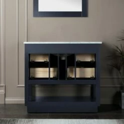 WOODBRIDGE Venice 36"x21"x33" Solid Wood Bath Vanities Side Cabinet In Grey With Gold Trim And Engineered Stone Composite Vanity Top In Fish Belly White With 3 Pre-Drilled Holes For 8-inch Widespread Faucet. -Woodbridgebath Shop 61791c55ad3bc thumb 600x600