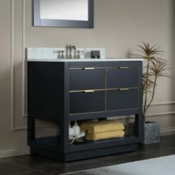 WOODBRIDGE Venice 36"x21"x33" Solid Wood Bath Vanities Side Cabinet In Grey With Gold Trim And Engineered Stone Composite Vanity Top In Fish Belly White With 3 Pre-Drilled Holes For 8-inch Widespread Faucet. -Woodbridgebath Shop 61791c568ce7b thumb 600x600