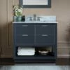 WOODBRIDGE Venice 36"x21"x33" Solid Wood Bath Vanities Side Cabinet In Grey And Brushed Nickel Trim And Carrara Marble Vanity Top Cabinet With 3 Pre-Drilled Holes For 8-inch Widespread Faucet.