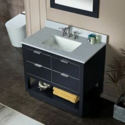 WOODBRIDGE Venice 36"x21"x33" Solid Wood Bath Vanities Side Cabinet In Grey With Brushed Nickel Trim And Engineered Stone Composite Vanity Top In Carrara White 3 Pre-Drilled Holes For 8-inch Widespread Faucet. -Woodbridgebath Shop 617a465c39249 thumb 600x600