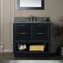 WOODBRIDGE Venice 36"x21"x33" Solid Wood Bath Vanities Side Cabinet In Grey With Brushed Nickel Trim And Engineered Stone Composite Vanity Top In Dark Gray With 3 Pre-Drilled Holes For 8-inch Widespread Faucet.