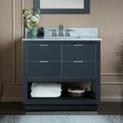 WOODBRIDGE Venice 42"x21"x33" Solid Wood Bath Vanities Side Cabinet In Grey And Brushed Nickel Trim And Carrara Marble Vanity Top Cabinet With 3 Pre-Drilled Holes For 8-inch Widespread Faucet.