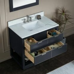 WOODBRIDGE Venice 42"x21"x33" Solid Wood Bath Vanities Side Cabinet In Grey With Brushed Nickel Trim And Engineered Stone Composite Vanity Top In Fish Belly White With 3 Pre-Drilled Holes For 8-inch Widespread Faucet. -Woodbridgebath Shop 617a53d3b0a52 thumb 600x600