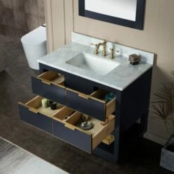 WOODBRIDGE Venice 42"x21"x33" Solid Wood Bath Vanities Side Cabinet In Grey And Gold Trim And Carrara Marble Vanity Top Cabinet With 3 Pre-Drilled Holes For 8-inch Widespread Faucet. -Woodbridgebath Shop 617a55c295ec6 thumb 600x600