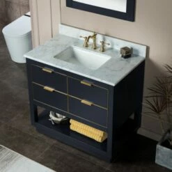 WOODBRIDGE Venice 42"x21"x33" Solid Wood Bath Vanities Side Cabinet In Grey And Gold Trim And Carrara Marble Vanity Top Cabinet With 3 Pre-Drilled Holes For 8-inch Widespread Faucet. -Woodbridgebath Shop 617a55ca5541b thumb 600x600