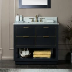 WOODBRIDGE Venice 42"x21"x33" Solid Wood Bath Vanities Side Cabinet In Grey With Gold Trim And Engineered Stone Composite Vanity Top In Carrara White 3 Pre-Drilled Holes For 8-inch Widespread Faucet.