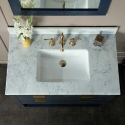 WOODBRIDGE Venice 42"x21"x33" Solid Wood Bath Vanities Side Cabinet In Navy Blue And Gold Trim And Carrara Marble Vanity Top Cabinet With 3 Pre-Drilled Holes For 8-inch Widespread Faucet. -Woodbridgebath Shop 617a6237692f3 thumb 600x600