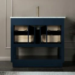 WOODBRIDGE Venice 42"x21"x33" Solid Wood Bath Vanities Side Cabinet In Navy Blue And Gold Trim And Carrara Marble Vanity Top Cabinet With 3 Pre-Drilled Holes For 8-inch Widespread Faucet. -Woodbridgebath Shop 617a623fc9714 thumb 600x600