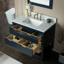 WOODBRIDGE Venice 42"x21"x33" Solid Wood Bath Vanities Side Cabinet In Navy Blue And Gold Trim And Carrara Marble Vanity Top Cabinet With 3 Pre-Drilled Holes For 8-inch Widespread Faucet. -Woodbridgebath Shop 617a62416ebbb thumb 600x600