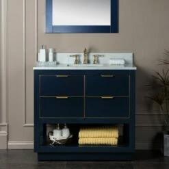 WOODBRIDGE Venice 42"x21"x33" Solid Wood Bath Vanities Side Cabinet In Navy Blue With Gold Trim And Engineered Stone Composite Vanity Top In Carrara White 3 Pre-Drilled Holes For 8-inch Widespread Faucet.