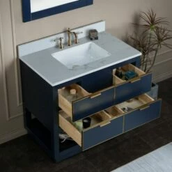 WOODBRIDGE Venice 42"x21"x33" Solid Wood Bath Vanities Side Cabinet In Navy Blue With Gold Trim And Engineered Stone Composite Vanity Top In Carrara White 3 Pre-Drilled Holes For 8-inch Widespread Faucet. -Woodbridgebath Shop 617a63839b6d0 thumb 600x600