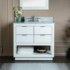 WOODBRIDGE Venice 42"x21"x33" Solid Wood Bath Vanities Side Cabinet In White And Brushed Nickel Trim And Carrara Marble Vanity Top Cabinet With 3 Pre-Drilled Holes For 8-inch Widespread Faucet.