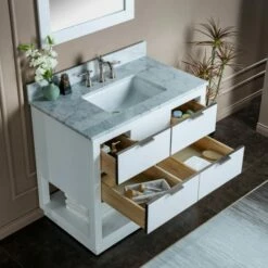 WOODBRIDGE Venice 42"x21"x33" Solid Wood Bath Vanities Side Cabinet In White And Brushed Nickel Trim And Carrara Marble Vanity Top Cabinet With 3 Pre-Drilled Holes For 8-inch Widespread Faucet. -Woodbridgebath Shop 617a65a8790e4 thumb 600x600
