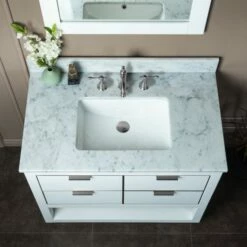 WOODBRIDGE Venice 42"x21"x33" Solid Wood Bath Vanities Side Cabinet In White And Brushed Nickel Trim And Carrara Marble Vanity Top Cabinet With 3 Pre-Drilled Holes For 8-inch Widespread Faucet. -Woodbridgebath Shop 617a65ae6f602 thumb 600x600