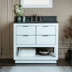 WOODBRIDGE Venice 42"x21"x33" Solid Wood Bath Vanities Side Cabinet In White With Brushed Nickel Trim And Engineered Stone Composite Vanity Top In Dark Gray With 3 Pre-Drilled Holes For 8-inch Widespread Faucet.