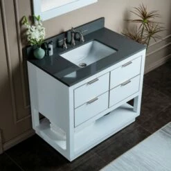 WOODBRIDGE Venice 42"x21"x33" Solid Wood Bath Vanities Side Cabinet In White With Brushed Nickel Trim And Engineered Stone Composite Vanity Top In Dark Gray With 3 Pre-Drilled Holes For 8-inch Widespread Faucet. -Woodbridgebath Shop 617a674ea2a40 thumb 600x600