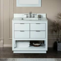 WOODBRIDGE Venice 42"x21"x33" Solid Wood Bath Vanities Side Cabinet In White With Brushed Nickel Trim And Engineered Stone Composite Vanity Top In Fish Belly White With 3 Pre-Drilled Holes For 8-inch Widespread Faucet.