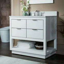 WOODBRIDGE Venice 42"x21"x33" Solid Wood Bath Vanities Side Cabinet In White With Brushed Nickel Trim And Engineered Stone Composite Vanity Top In Fish Belly White With 3 Pre-Drilled Holes For 8-inch Widespread Faucet. -Woodbridgebath Shop 617a6831657bb thumb 600x600