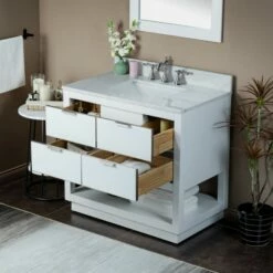 WOODBRIDGE Venice 42"x21"x33" Solid Wood Bath Vanities Side Cabinet In White With Brushed Nickel Trim And Engineered Stone Composite Vanity Top In Fish Belly White With 3 Pre-Drilled Holes For 8-inch Widespread Faucet. -Woodbridgebath Shop 617a68320ca78 thumb 600x600