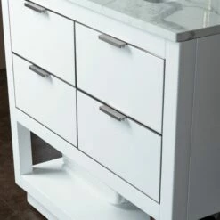 WOODBRIDGE Venice 42"x21"x33" Solid Wood Bath Vanities Side Cabinet In White With Brushed Nickel Trim And Engineered Stone Composite Vanity Top In Fish Belly White With 3 Pre-Drilled Holes For 8-inch Widespread Faucet. -Woodbridgebath Shop 617a683991497 thumb 600x600