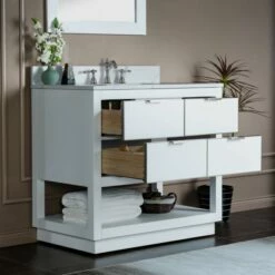 WOODBRIDGE Venice 42"x21"x33" Solid Wood Bath Vanities Side Cabinet In White With Brushed Nickel Trim And Engineered Stone Composite Vanity Top In Fish Belly White With 3 Pre-Drilled Holes For 8-inch Widespread Faucet. -Woodbridgebath Shop 617a683a2a5ba thumb 600x600