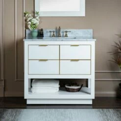 WOODBRIDGE Venice 42"x21"x33" Solid Wood Bath Vanities Side Cabinet In White And Gold Trim And Carrara Marble Vanity Top Cabinet With 3 Pre-Drilled Holes For 8-inch Widespread Faucet.