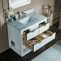 WOODBRIDGE Venice 42"x21"x33" Solid Wood Bath Vanities Side Cabinet In White And Gold Trim And Carrara Marble Vanity Top Cabinet With 3 Pre-Drilled Holes For 8-inch Widespread Faucet. -Woodbridgebath Shop 617a69527f97a thumb 600x600