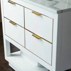 WOODBRIDGE Venice 42"x21"x33" Solid Wood Bath Vanities Side Cabinet In White And Gold Trim And Carrara Marble Vanity Top Cabinet With 3 Pre-Drilled Holes For 8-inch Widespread Faucet. -Woodbridgebath Shop 617a6955df1bc thumb 600x600