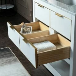 WOODBRIDGE Venice 42"x21"x33" Solid Wood Bath Vanities Side Cabinet In White And Gold Trim And Carrara Marble Vanity Top Cabinet With 3 Pre-Drilled Holes For 8-inch Widespread Faucet. -Woodbridgebath Shop 617a69576b390 thumb 600x600