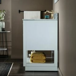 WOODBRIDGE Venice 42"x21"x33" Solid Wood Bath Vanities Side Cabinet In White And Gold Trim And Carrara Marble Vanity Top Cabinet With 3 Pre-Drilled Holes For 8-inch Widespread Faucet. -Woodbridgebath Shop 617a695906cdd thumb 600x600