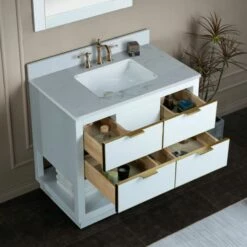 WOODBRIDGE Venice 42"x21"x33" Solid Wood Bath Vanities Side Cabinet In White With Gold Trim And Engineered Stone Composite Vanity Top In Carrara White 3 Pre-Drilled Holes For 8-inch Widespread Faucet. -Woodbridgebath Shop 617a6bb584ede thumb 600x600