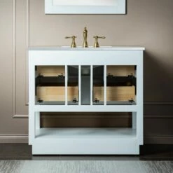WOODBRIDGE Venice 42"x21"x33" Solid Wood Bath Vanities Side Cabinet In White With Gold Trim And Engineered Stone Composite Vanity Top In Carrara White 3 Pre-Drilled Holes For 8-inch Widespread Faucet. -Woodbridgebath Shop 617a6bb8363ee thumb 600x600