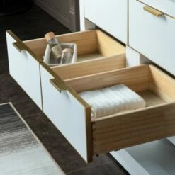 WOODBRIDGE Venice 42"x21"x33" Solid Wood Bath Vanities Side Cabinet In White With Gold Trim And Engineered Stone Composite Vanity Top In Carrara White 3 Pre-Drilled Holes For 8-inch Widespread Faucet. -Woodbridgebath Shop 617a6bbb86644 thumb 600x600