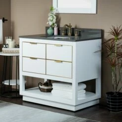 WOODBRIDGE Venice 42"x21"x33" Solid Wood Bath Vanities Side Cabinet In White With Gold Trim And Engineered Stone Composite Vanity Top In Dark Gray With 3 Pre-Drilled Holes For 8-inch Widespread Faucet. -Woodbridgebath Shop 617a6c0bbb3d6 thumb 600x600