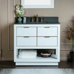 WOODBRIDGE Venice 42"x21"x33" Solid Wood Bath Vanities Side Cabinet In White With Gold Trim And Engineered Stone Composite Vanity Top In Dark Gray With 3 Pre-Drilled Holes For 8-inch Widespread Faucet.