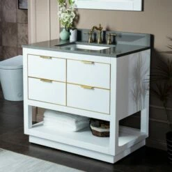 WOODBRIDGE Venice 42"x21"x33" Solid Wood Bath Vanities Side Cabinet In White With Gold Trim And Engineered Stone Composite Vanity Top In Dark Gray With 3 Pre-Drilled Holes For 8-inch Widespread Faucet. -Woodbridgebath Shop 617a6c0fd4b88 thumb 600x600