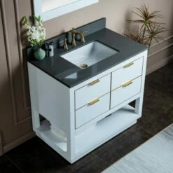 WOODBRIDGE Venice 42"x21"x33" Solid Wood Bath Vanities Side Cabinet In White With Gold Trim And Engineered Stone Composite Vanity Top In Dark Gray With 3 Pre-Drilled Holes For 8-inch Widespread Faucet. -Woodbridgebath Shop 617a6c1314d10 thumb 600x600