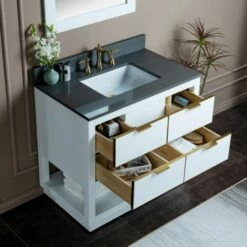 WOODBRIDGE Venice 42"x21"x33" Solid Wood Bath Vanities Side Cabinet In White With Gold Trim And Engineered Stone Composite Vanity Top In Dark Gray With 3 Pre-Drilled Holes For 8-inch Widespread Faucet. -Woodbridgebath Shop 617a6c1892908 thumb 600x600