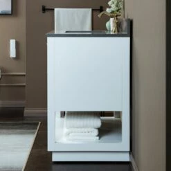 WOODBRIDGE Venice 42"x21"x33" Solid Wood Bath Vanities Side Cabinet In White With Gold Trim And Engineered Stone Composite Vanity Top In Dark Gray With 3 Pre-Drilled Holes For 8-inch Widespread Faucet. -Woodbridgebath Shop 617a6c1986bc7 thumb 600x600