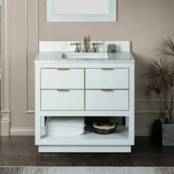 WOODBRIDGE Venice 42"x21"x33" Solid Wood Bath Vanities Side Cabinet In White With Gold Trim And Engineered Stone Composite Vanity Top In Fish Belly White With 3 Pre-Drilled Holes For 8-inch Widespread Faucet.