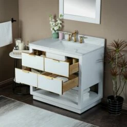 WOODBRIDGE Venice 42"x21"x33" Solid Wood Bath Vanities Side Cabinet In White With Gold Trim And Engineered Stone Composite Vanity Top In Fish Belly White With 3 Pre-Drilled Holes For 8-inch Widespread Faucet. -Woodbridgebath Shop 617a6cff302b1 thumb 600x600